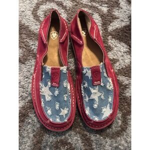 Ariat Red Suede Leather Star Denim Slip On Casual Loafer Shoes